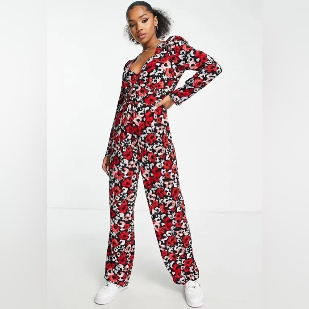 Monki Floral long sleeve V neck jumpsuit